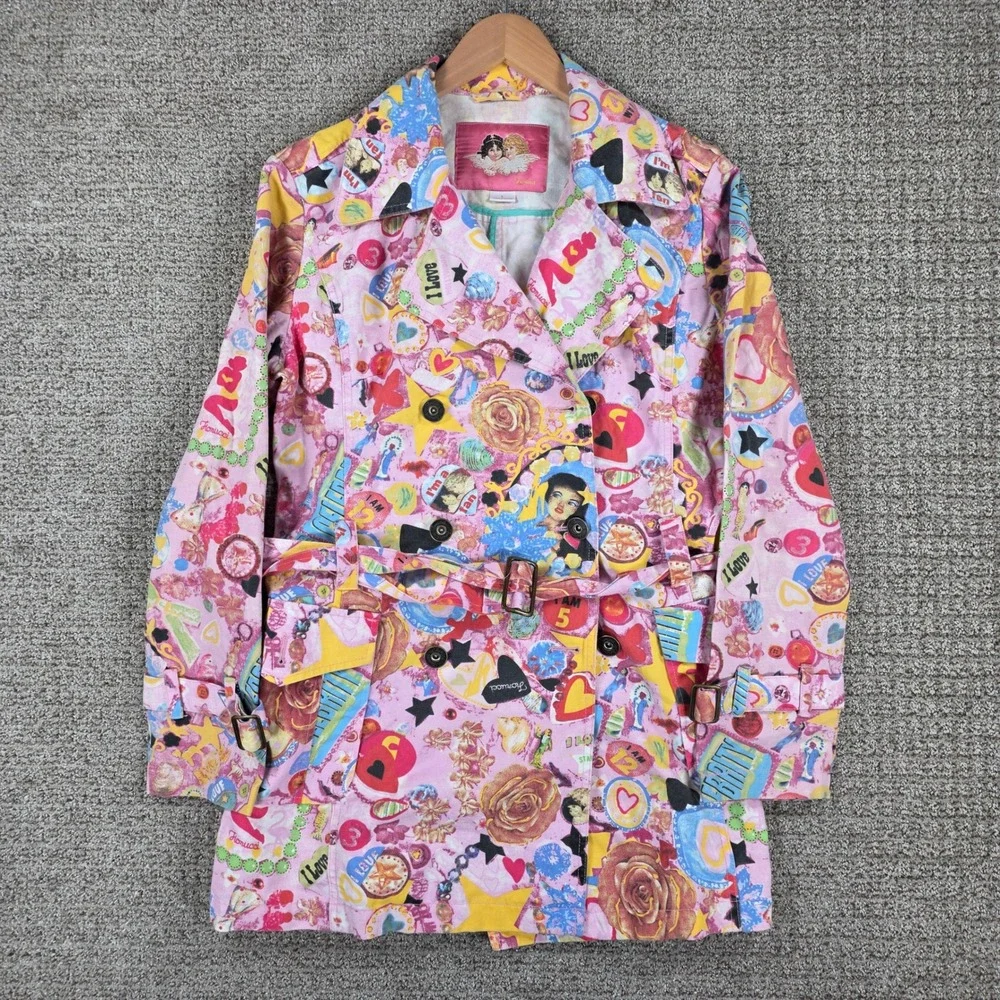 Fiorucci Women Pink Graphic Collage Print Belted Trench Coat Jacket Size L